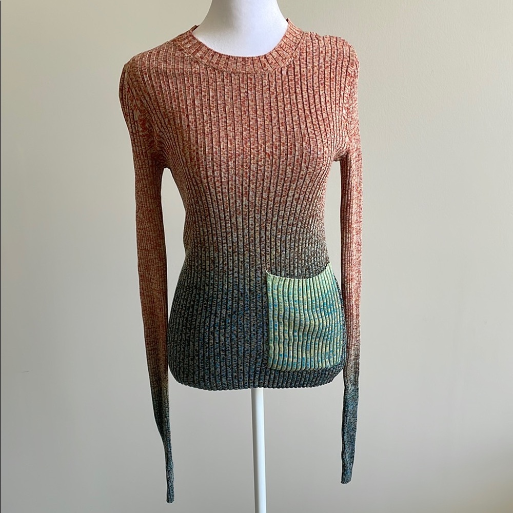 Ombre Ribbed Knit Sweater with Contrast Pocket